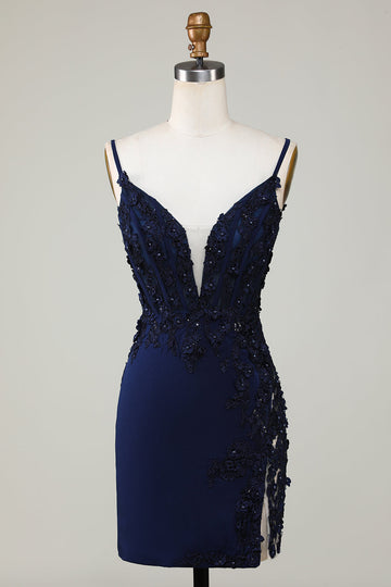 Sparkly Navy Corset Tight Short Formal Dress with Lace